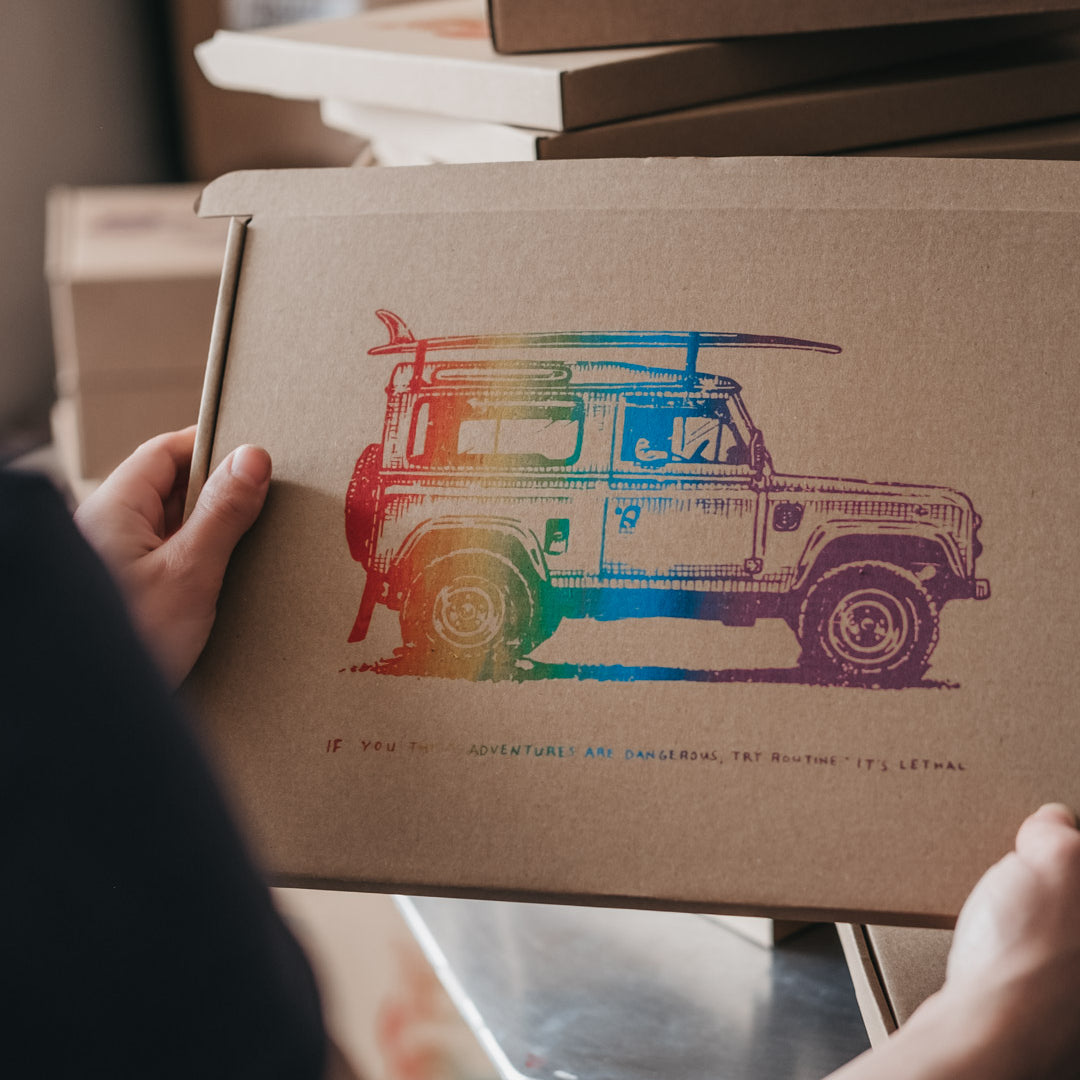 Our hand printed rainbow packaging to celebrate Pride month