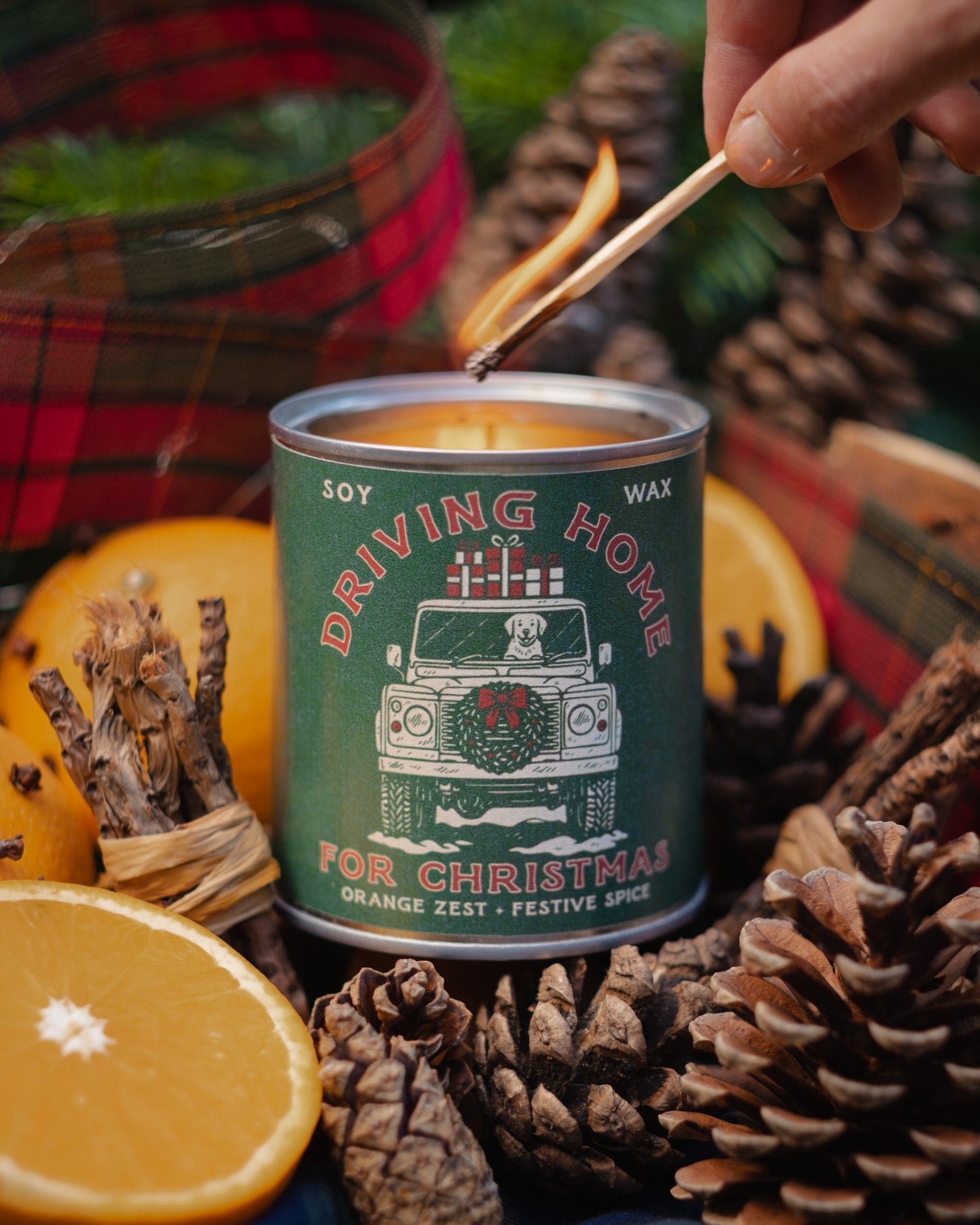 Orange Zest & Festive Spice 'Driving Home For Christmas' truck and dog Soy Wax Candle in a tin by Art Disco Original Goods