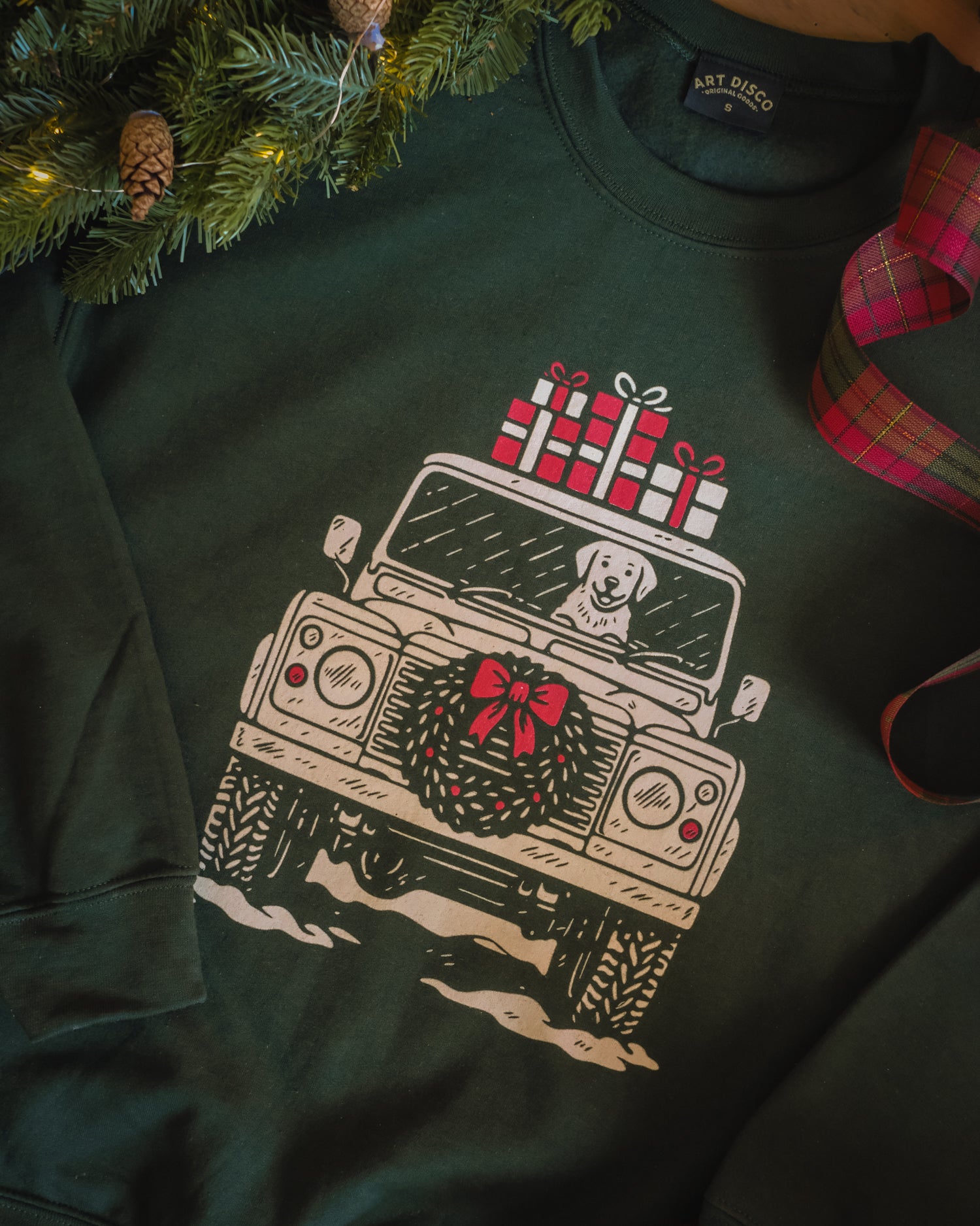 Driving Home For Christmas defender & puppy dog sweatshirt by Art Disco
