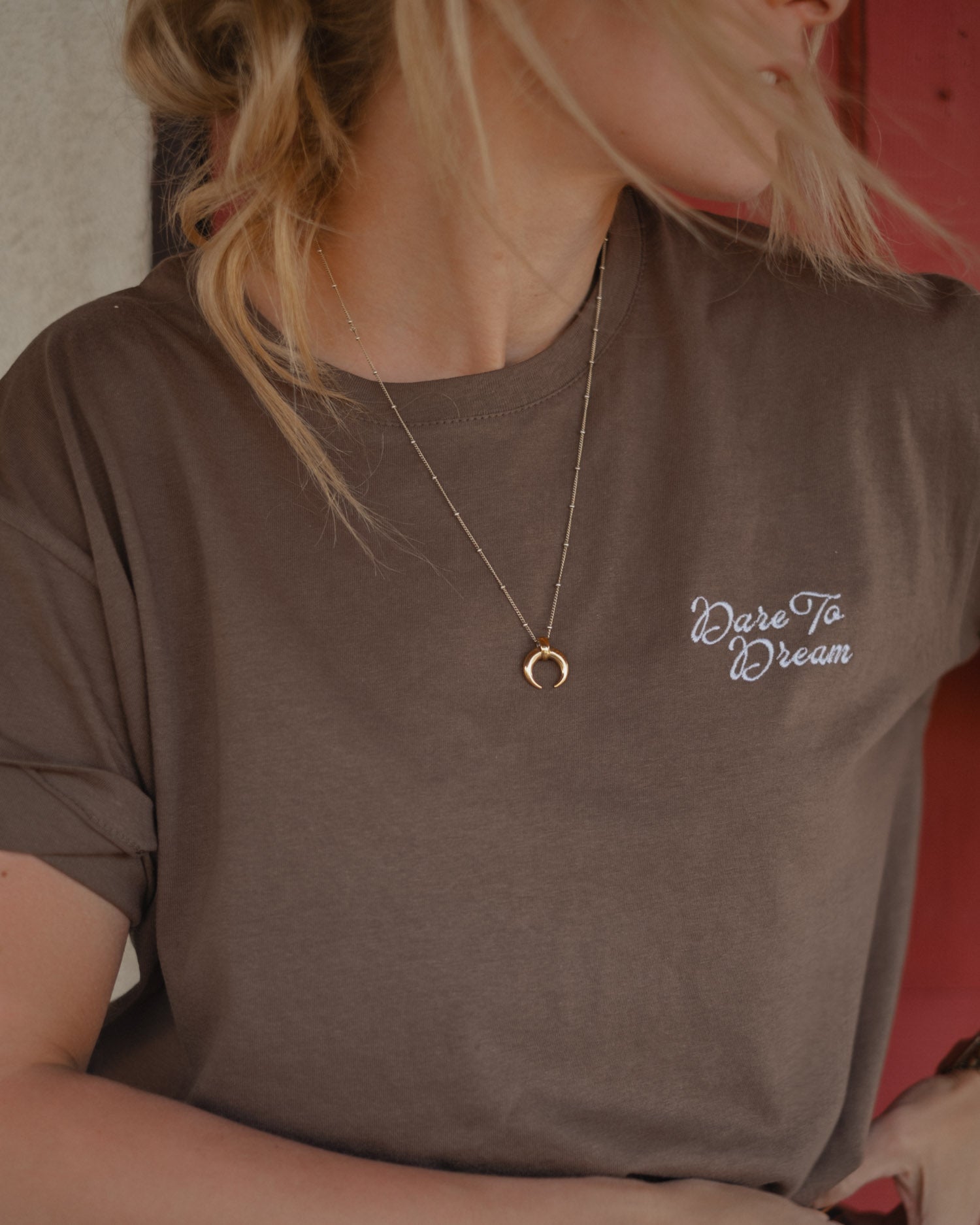 Dare to Dream mocha brown embroidered t-shirt by Art Disco Original Goods