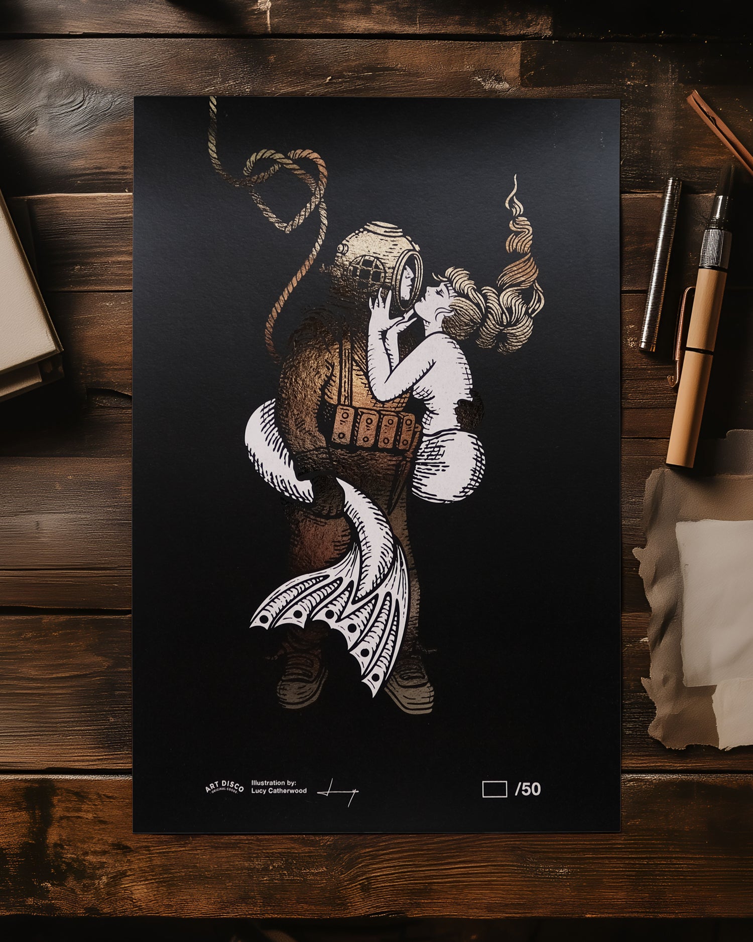 Limited Edition ‘Diver & Mermaid’ Gold Foil A3 Print by Art Disco