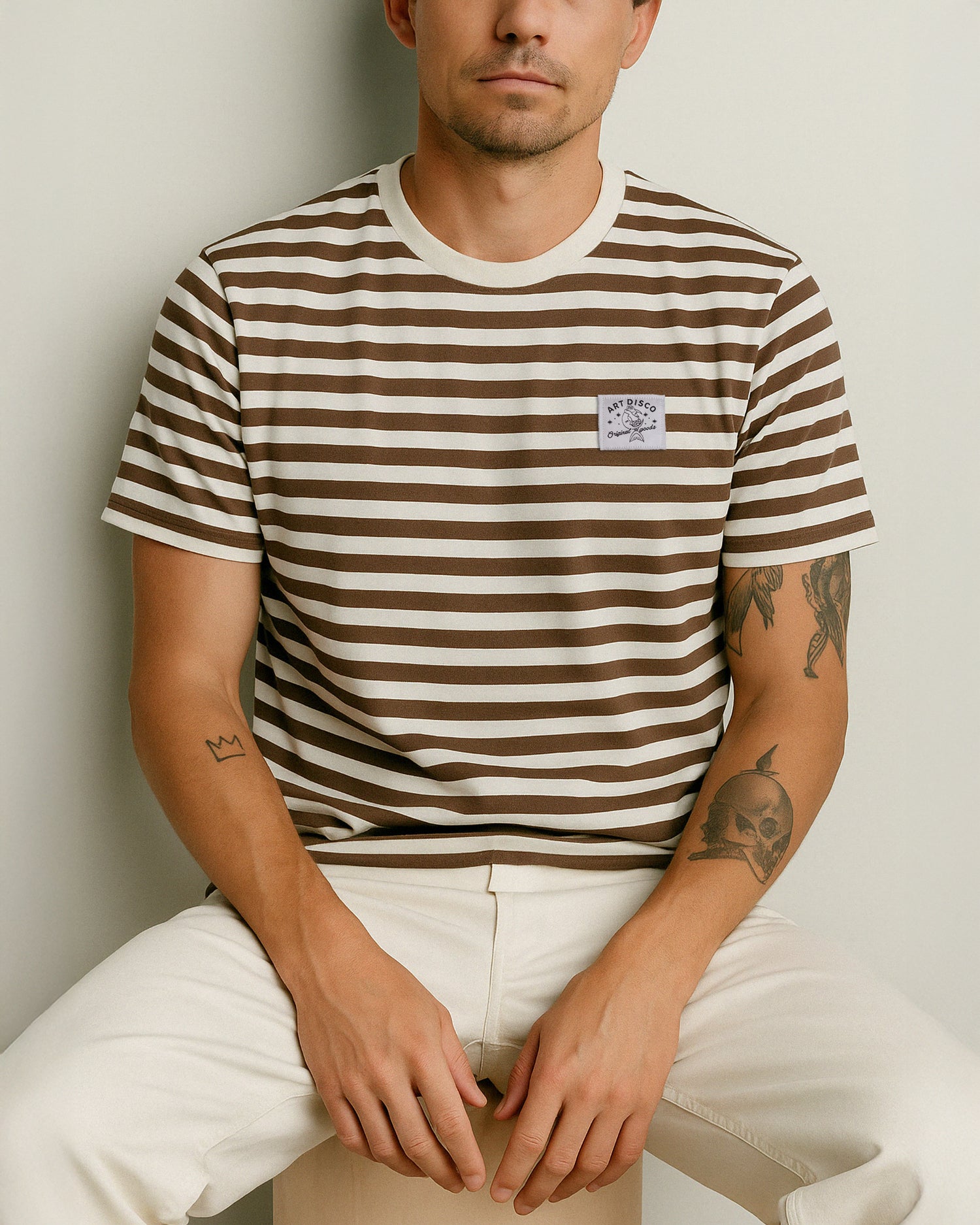 The Rover Striped Brown and White t-shirt by Art Disco in Whitby, North Yorkshire