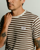 The Rover Striped Brown and White t-shirt by Art Disco in Whitby, North Yorkshire