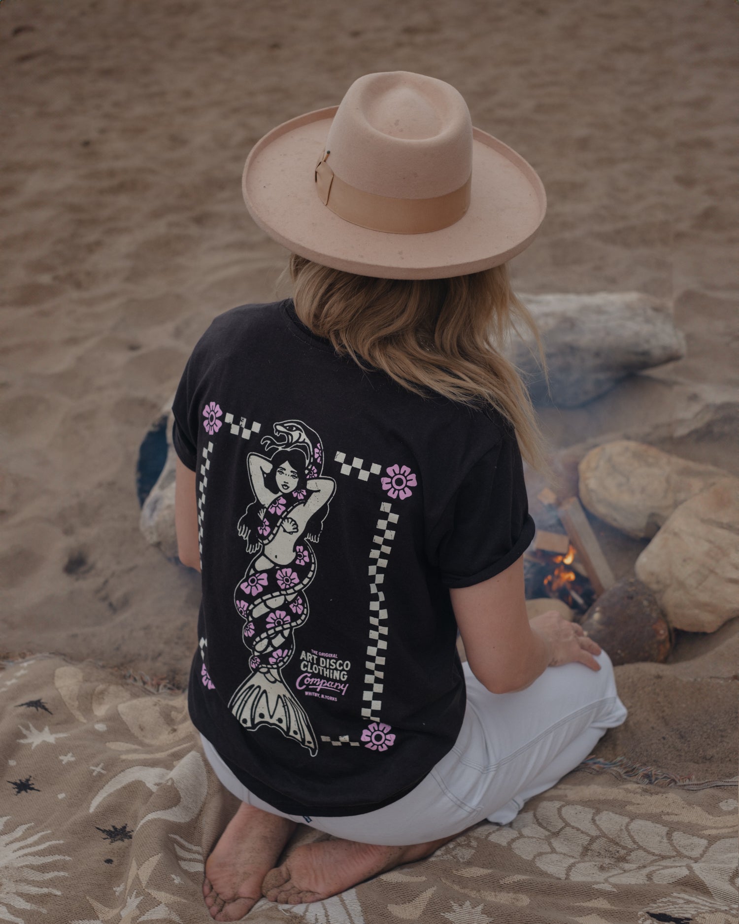 Snake & Siren Mermaid Black T-Shirt by Art Disco Original Goods