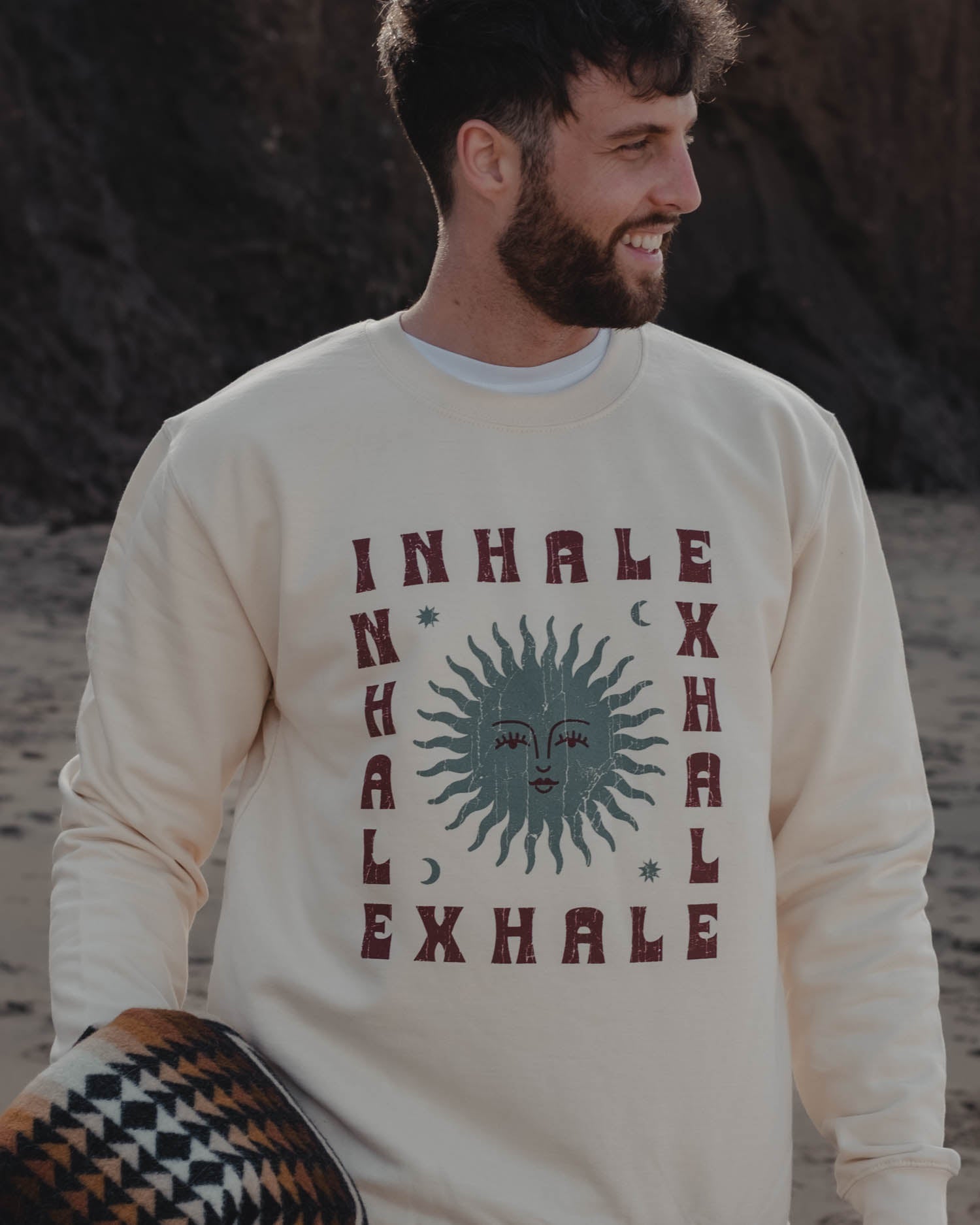 Inhale Exhale cream sweatshirt with sun moon and stars design by ART DISCO Original Goods