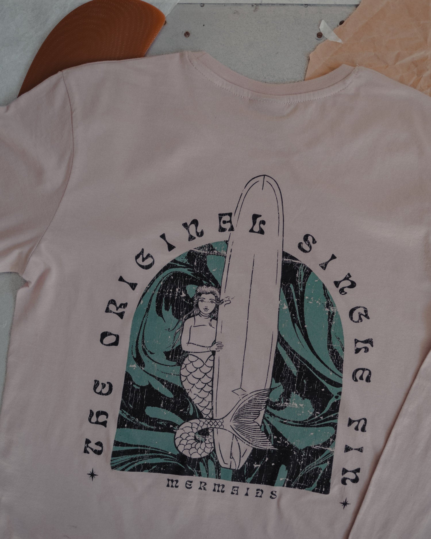 Surfing Siren Long sleeve t-shirt with mermaid and longboard on back by ART DISCO Original Goods