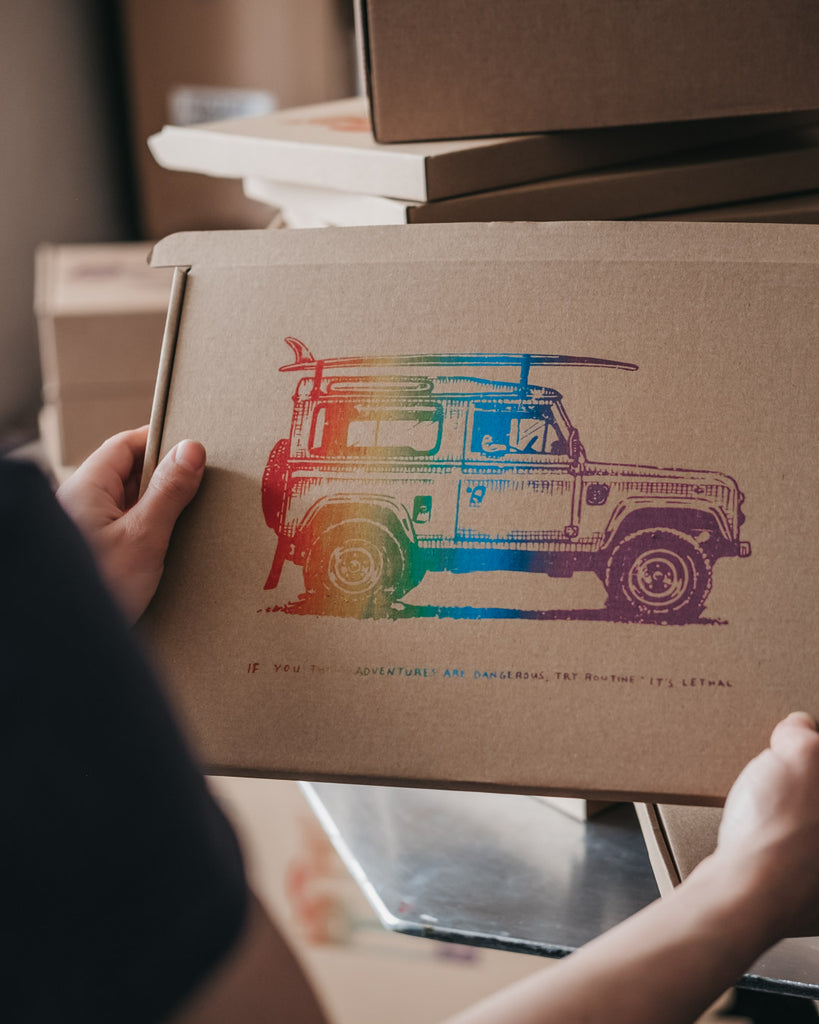 Our hand printed rainbow packaging to celebrate Pride month