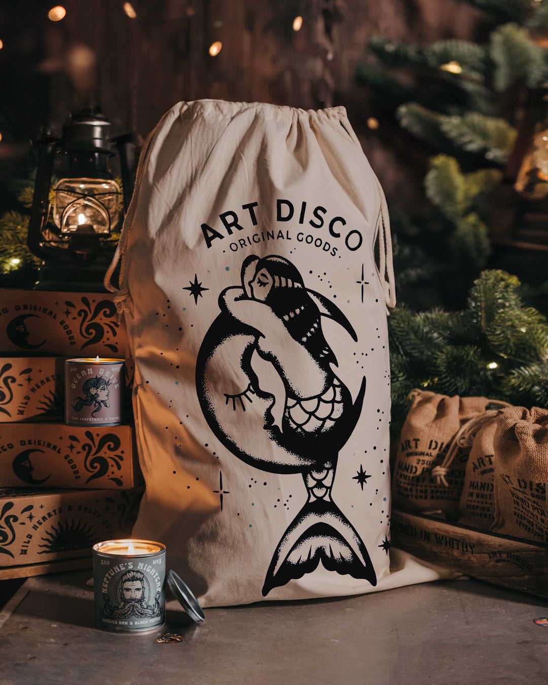 Christmas Cotton Hand-printed Gift Sack by Art Disco in Whitby, North Yorkshire