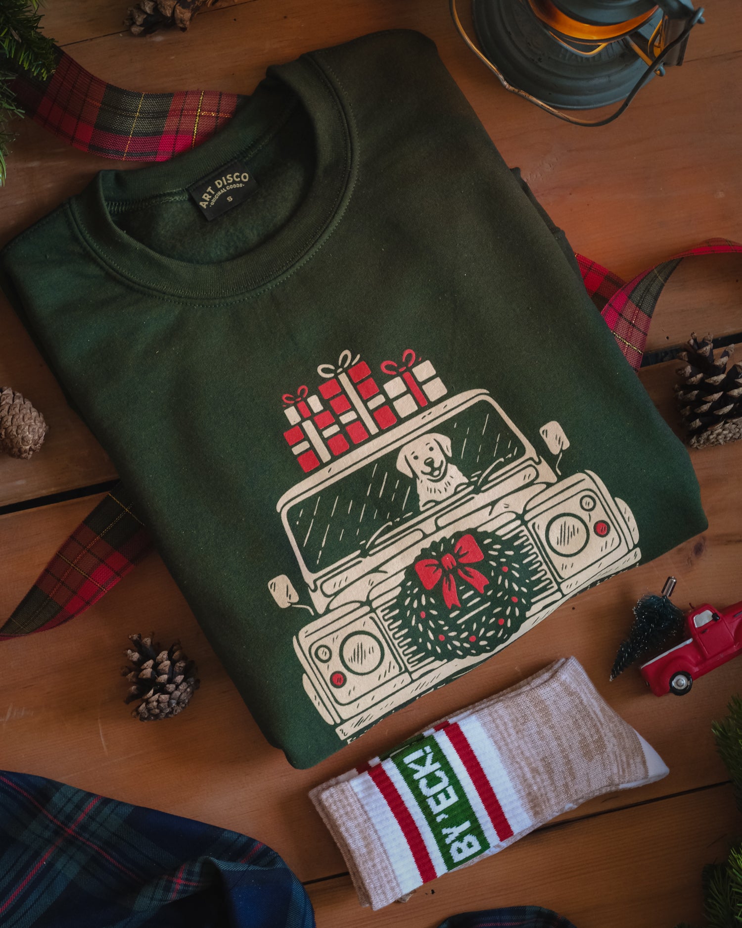 Driving Home For Christmas defender & puppy dog sweatshirt by Art Disco 