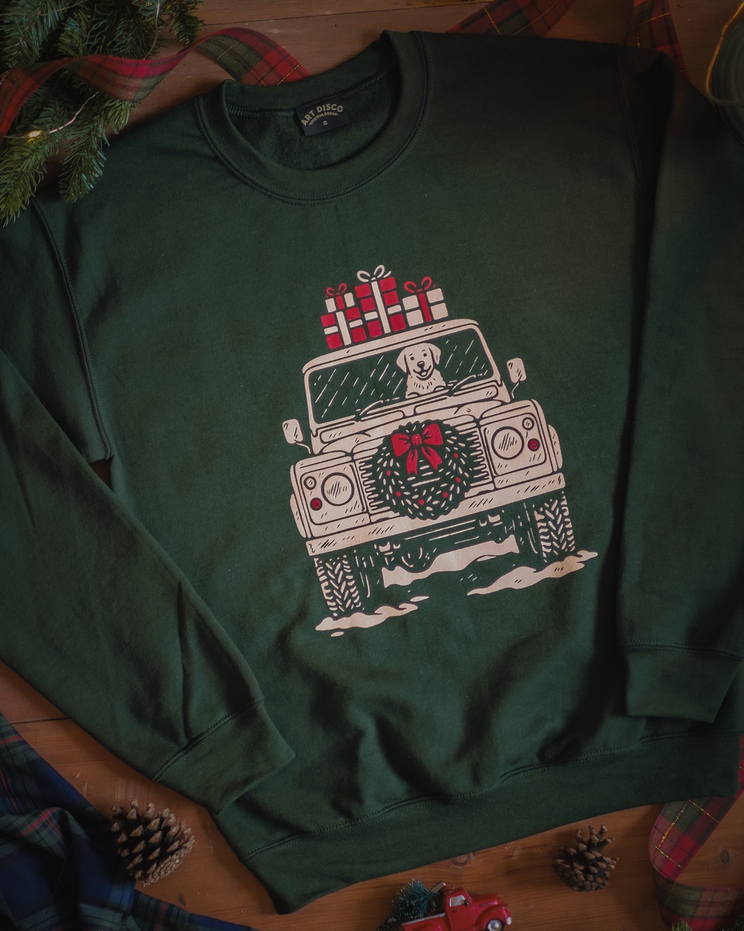 Driving Home For Christmas defender & puppy dog sweatshirt by Art Disco 