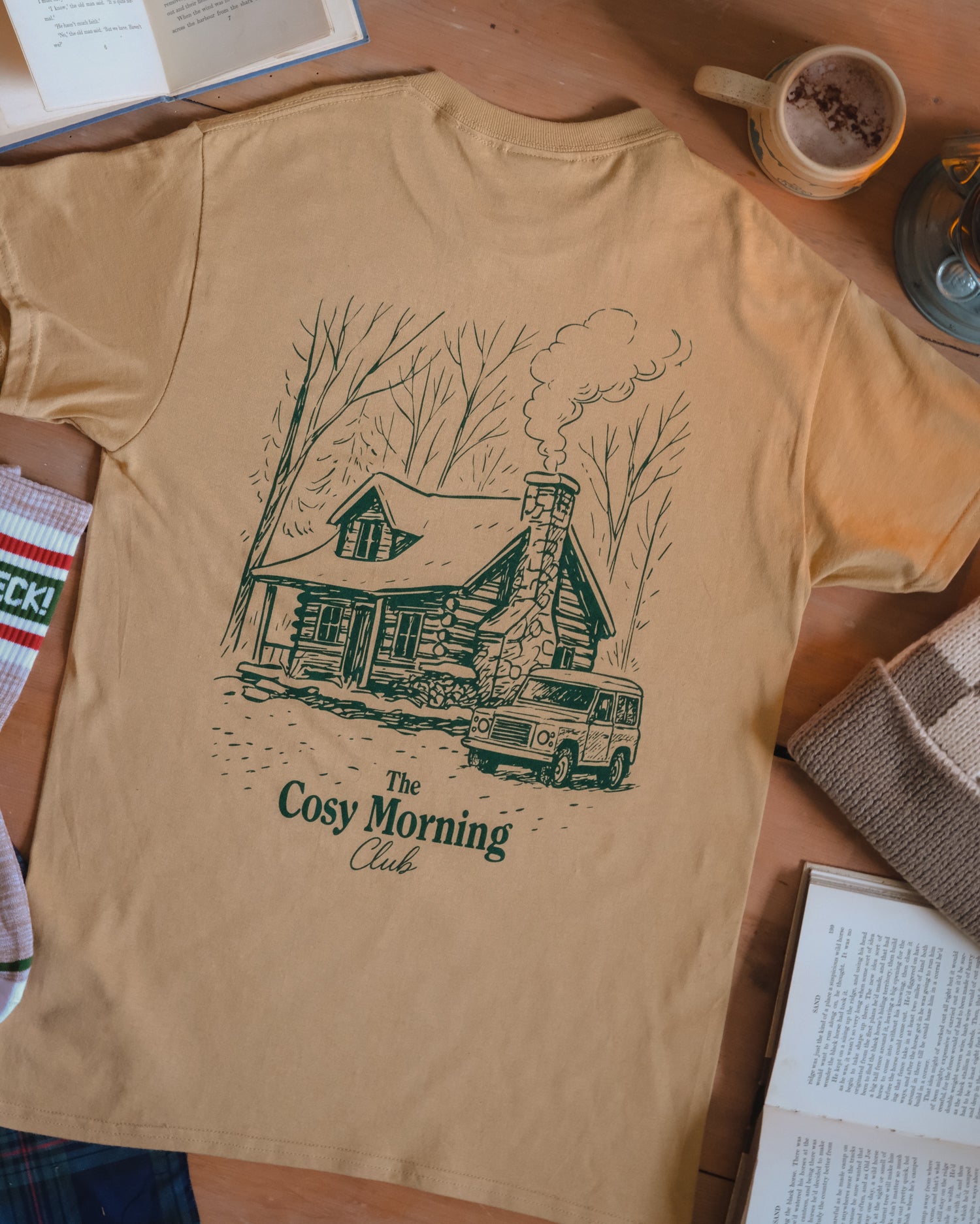 Cosy Morning Club T-Shirt with cabin and truck by Art Disco