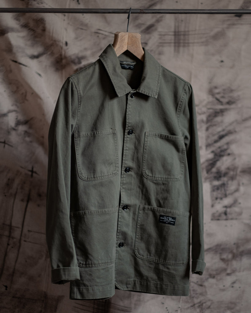 Hand-printed olive green chore jacket by Art Disco Original Goods