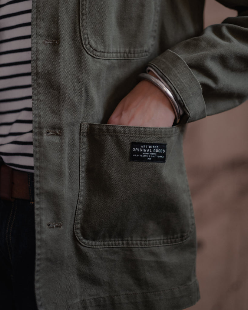 Hand-printed olive green chore jacket by Art Disco Original Goods