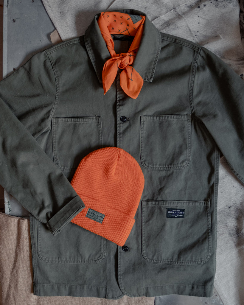 Hand-printed olive green chore jacket by Art Disco Original Goods