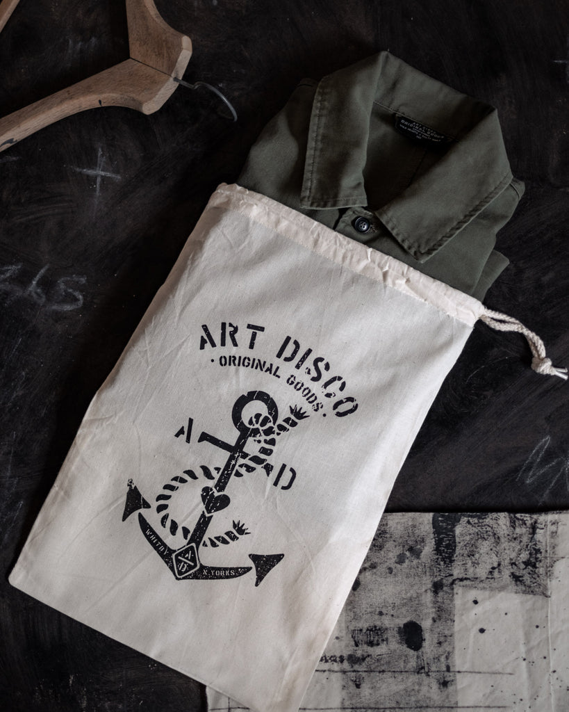 Hand-printed olive green chore jacket by Art Disco Original Goods