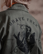 Hand-printed olive green chore jacket by Art Disco Original Goods