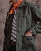 Hand-printed olive green chore jacket by Art Disco Original Goods