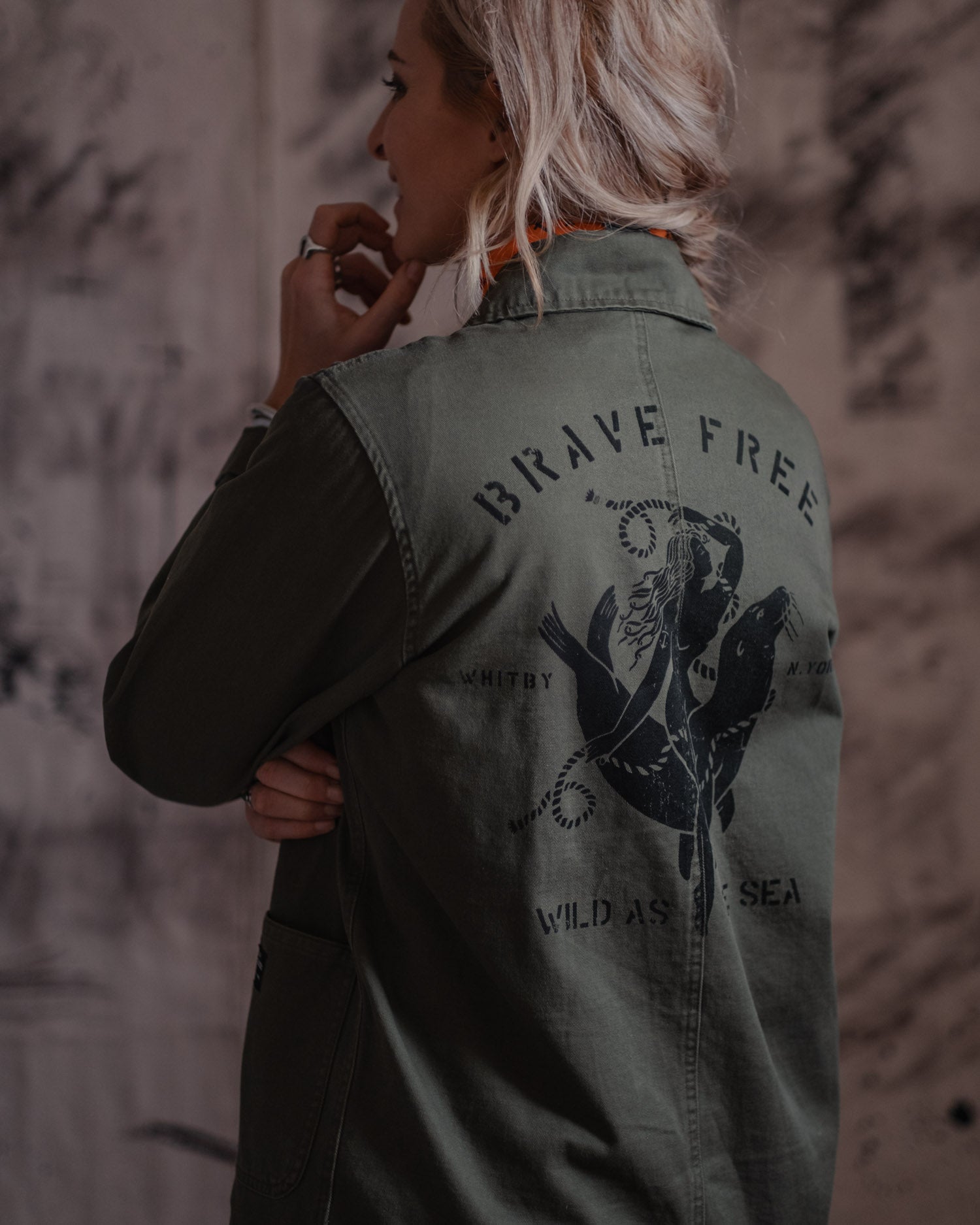 Hand-printed olive green chore jacket by Art Disco Original Goods
