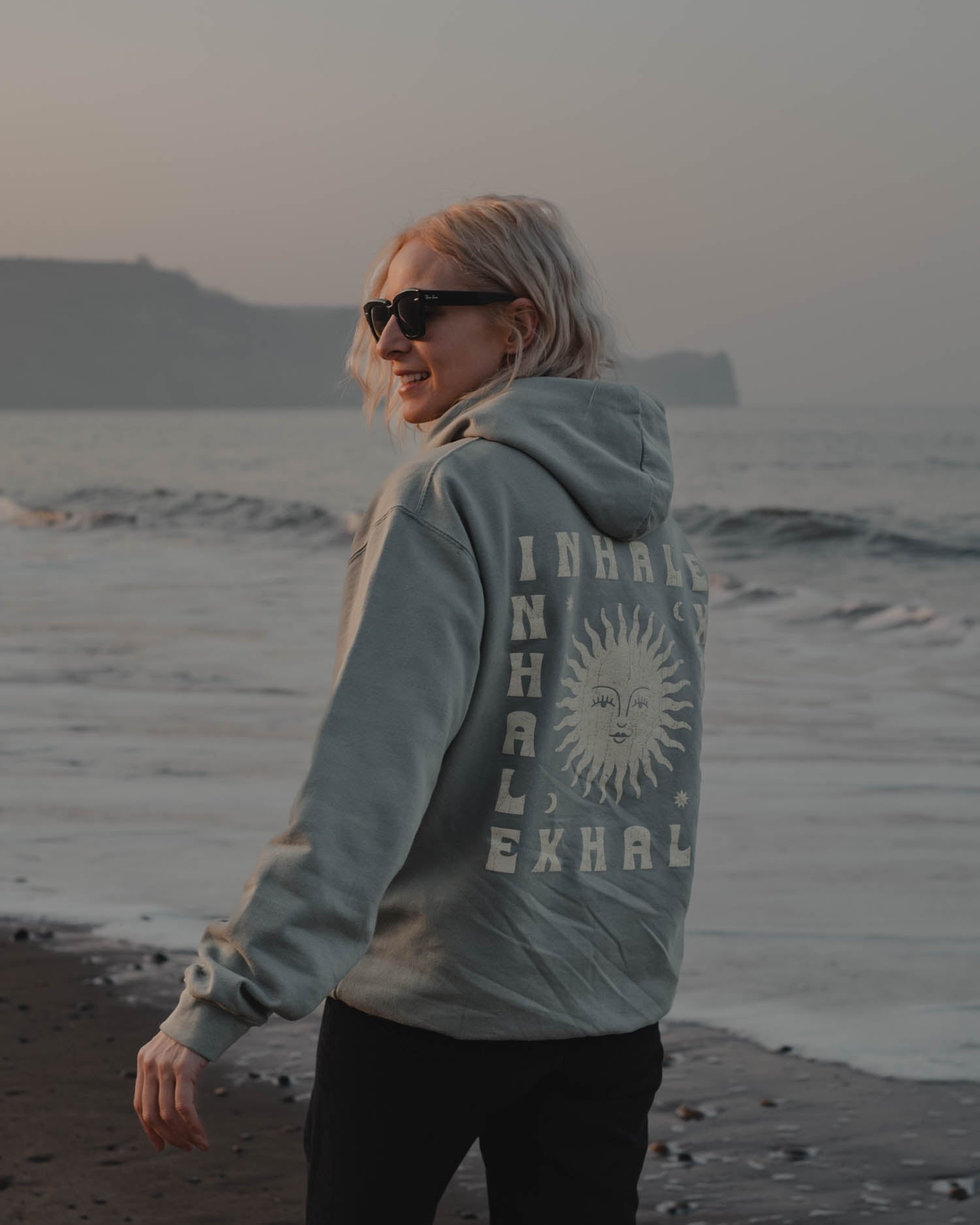 Inhale Exhale Green Hoody with sun moon and stars by ART DISCO Original Goods