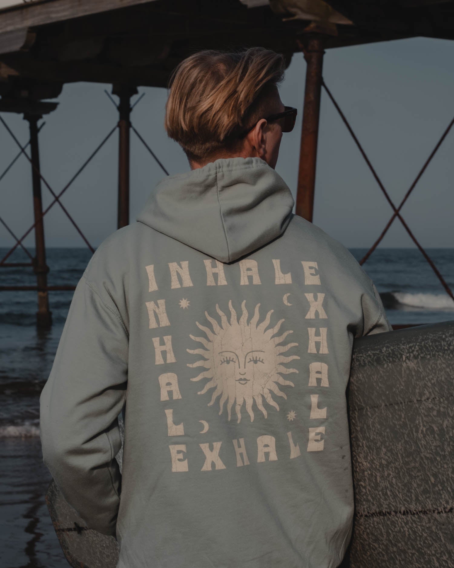 Inhale Exhale Green Hoody with sun moon and stars by ART DISCO Original Goods
