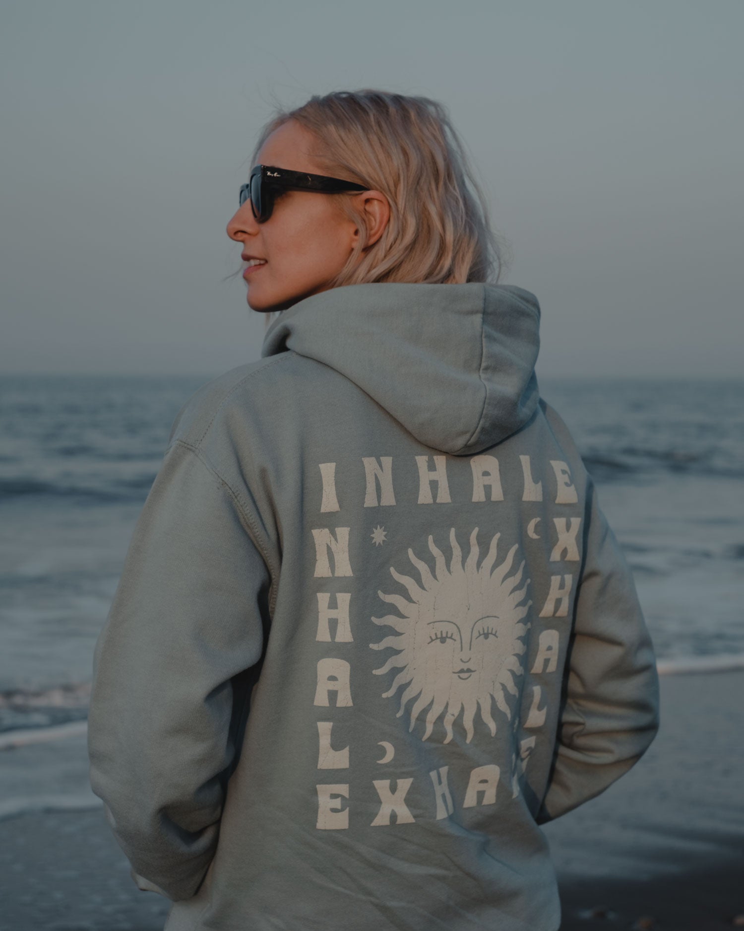 Inhale Exhale Green Hoody with sun moon and stars by ART DISCO Original Goods
