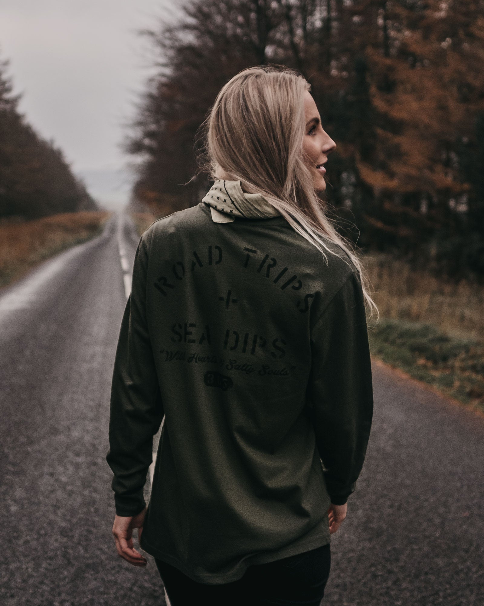 Road Trips + Sea Dips Olive Long Sleeve T-Shirt by ART DISCO Original Goods
