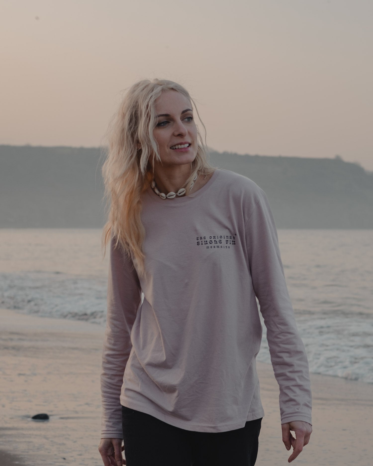 Surfing Siren Long Sleeve pink t-shirt with mermaid on back by ART DISCO Original Goods